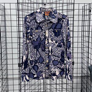 Tory Burch Navy and Purple Cheetah Silk Blouse Gold-Tone Buttons